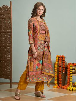 FASHOR - Ethnic Floral Printed And Embroidered Fit Kurta With Pant And Dupatta - Mustard