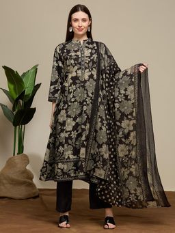 FASHOR - Floral Printed Anarkali Flared Kurta With Pant And Dupatta - Black
