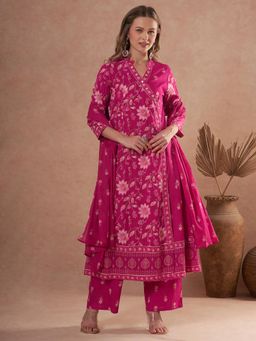 FASHOR - Ethnic Floral Printed Anarkali Flared Kurta With Palazzo And Dupatta - Pink