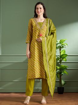 FASHOR - Leheriya Printed And Embroidered Straight Kurta With Pant And Dupatta - Green
