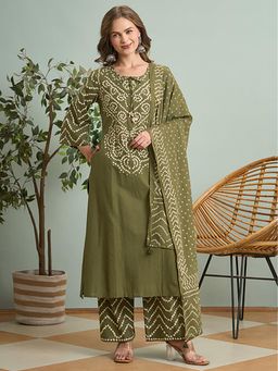 FASHOR - Bandhani Printed Straight Fit Kurta With Palazzo And Dupatta - Green