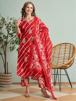 FASHOR - Leheriya Printed And Embroidered Straight Kurta With Pant And Dupatta - Red