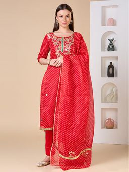 FASHOR - Leheriya Printed And Gota Patti Embroidered Fit Kurta With Pant And Dupatta - Red