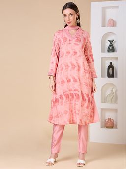 FASHOR - Floral Embroidered A-Line Kurta With Pant And Dupatta - Pink