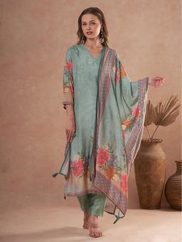 FASHOR - Floral Printed Embroidered Straight Fit Kurta With Pant And Dupatta - Sea Green