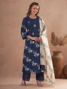 FASHOR - Floral Printed A-Line Pin Tucked Kurta With Pant And Dupatta - Teal