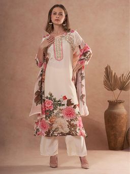 FASHOR - Floral Printed And Embroidered A-Line Kurta With Pant And Dupatta - Cream