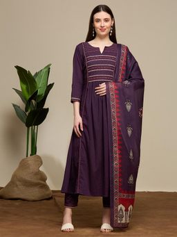 FASHOR - Embroidered A-Line Kurta With Pant And Dupatta - Purple