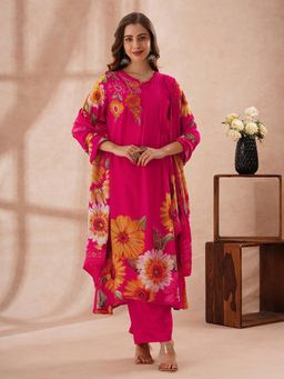 FASHOR - Sunflower Printed Embroidered A-Line Pleated Kurta With Pant And Dupatta - Rani