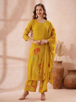 FASHOR - Floral Thread Work Embroidered Straight Fit Kurta With Pant And Dupatta - Mustard