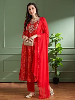 FASHOR - Festive Bandhani Printed Embroidered A-Line Kurta With Pant And Dupatta - Red