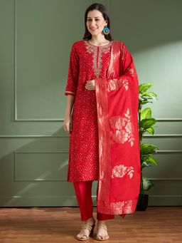 FASHOR - Festive Leheriya Printed Embroidered And Kurta With Pant And Dupatta - Red