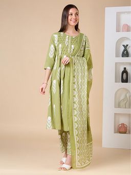 FASHOR - Floral Printed A-Line Shell Tucked Kurta With Pant And Dupatta - Green