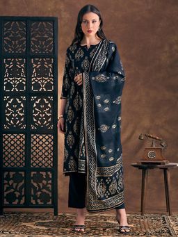 FASHOR - Ethnic Ikat Printed Embroidered Straight Fit Kurta With Pant And Dupatta - Black