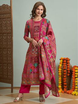 FASHOR - Ethnic Floral Printed And Embroidered Straight Fit Kurta With Pant And Dupatta - Rani