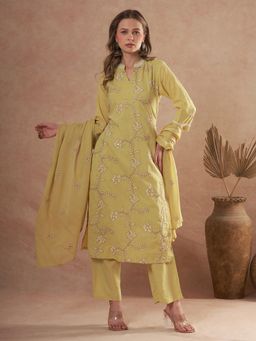 FASHOR - Ethnic Embroidered Straight Fit Kurta With Pant And Dupatta - Green