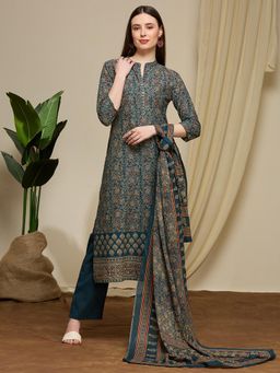 FASHOR - Ajrakh Printed Straight Fit Kurta With Pant And Dupatta - Teal