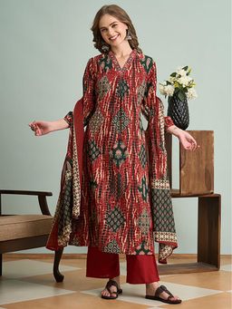 FASHOR - Ethnic Printed And Embroidered A-Line Kurta With Pant And Dupatta - Maroon