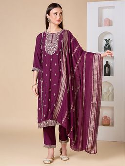 FASHOR - Ethnic Zari Embroidered Straight Fit Kurta With Pant And Dupatta - Burgundy