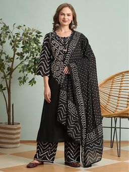 FASHOR - Bandhani Printed Straight Fit Kurta With Palazzo And Dupatta - Black