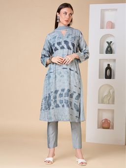 FASHOR - Floral Embroidered A-Line Kurta With Pant And Dupatta - Grey