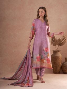 FASHOR - Floral Printed Embroidered Straight Fit Kurta With Pant And Dupatta - Mauve