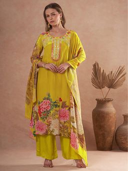 FASHOR - Floral Printed And Embroidered A-Line Kurta With Pant And Dupatta - Yellow