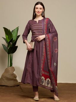 FASHOR - Embroidered A-Line Kurta With Pant And Dupatta - Mauve