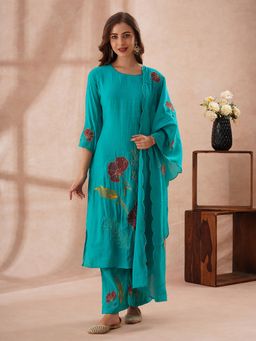 FASHOR - Floral Thread Work Embroidered Straight Fit Kurta With Pant And Dupatta - Teal