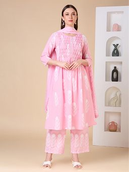 FASHOR - Floral Printed A-Line Shell Tucked Kurta With Pant And Dupatta - Pink