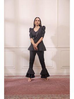 ISHA GUPTA TAYAL - Charcoal Detachable Drape Co-Ord Set
