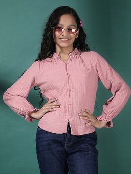 CRIMSOUNE CLUB - Girls Pink Textured Mandarin Neck Top