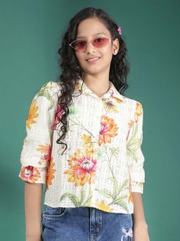 CRIMSOUNE CLUB - Girls White Floral Print Shirt