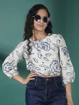 CRIMSOUNE CLUB - Girls Blue Embroidered Linen Crop-Top