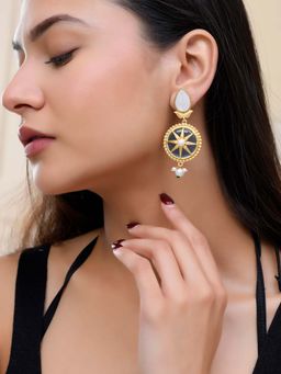 Silvermerc Designs - Women Royal Blue and Pearl Gold-Plated Compass Drop Earrings
