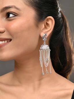 Silvermerc Designs - Women Silver Peacock Tassel Chain Jhumka Earrings
