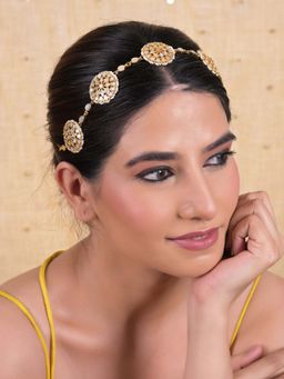 Shlok Jewels - Women White 18K Gold Plated Kundan Pearl Mathapatti