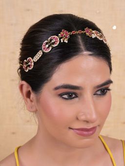 Shlok Jewels - Women Pink 18K Gold Plated Jadau Kundan Mathapatti