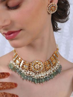 Shlok Jewels - Women Green 18K Gold Plated Pearl Necklace Set