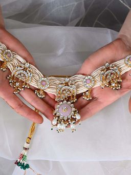 Shlok Jewels - Women Pink 18K Gold Plated Pearl Jadau Kundan Necklace Set