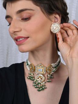 Shlok Jewels - Women Green 18K Gold Plated Pearl Choker Set