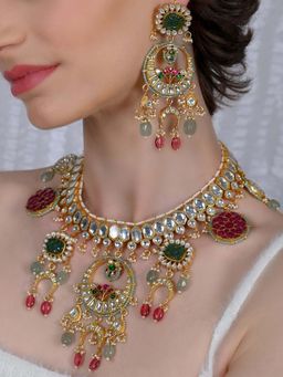 Shlok Jewels - Women Multi-Color 18K Gold Plated Jadau Kundan Necklace Set