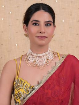 Shlok Jewels - Women White 18K Gold Plated Pearl Necklace Set