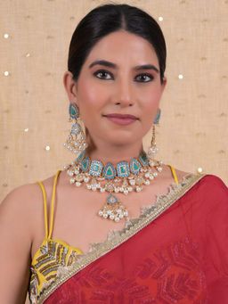 Shlok Jewels - Women Firoza Turquoise 18K Gold Plated Jadau Kundan Necklace Set