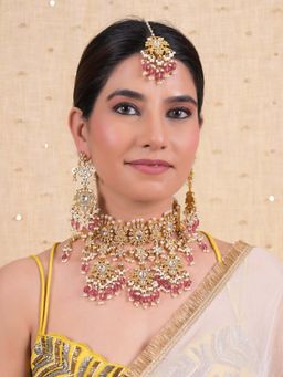 Shlok Jewels - Women Pink 18K Gold Plated Jadau Kundan Jewellery Set