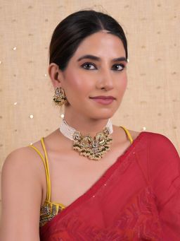 Shlok Jewels - Women Green 18K Gold Plated Pearl Jadau Kundan Choker Set