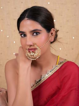 Shlok Jewels - Women White 18K Gold Plated Kundan Nose Ring