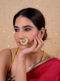 Shlok Jewels - Women White 18K Gold Plated Pearl Kundan Nose Ring