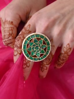 Shlok Jewels - Women Green 18K Gold Plated Jadau Kundan Ring