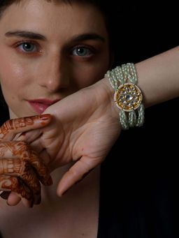 Shlok Jewels - Women Mint Green 18K Gold Plated Jadau Kundan Bracelet